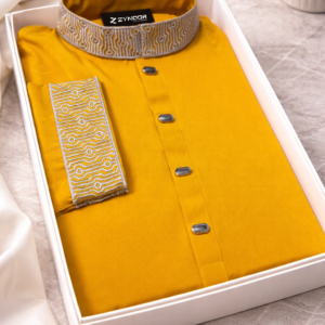 Zynoor China Micro Stitch Panjabi with Elegant Embroidery (Mustard Yellow)