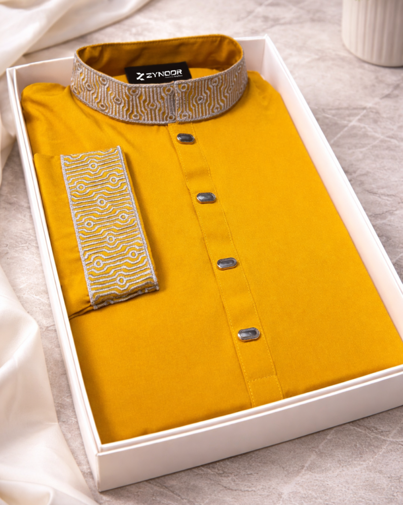 Zynoor China Micro Stitch Panjabi with Elegant Embroidery (Mustard Yellow)